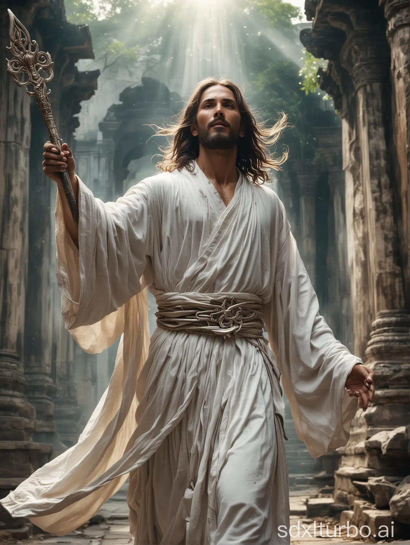 Beautiful face of Jesus in fluttering monk white robe, fantasy-mystical style, serene, ancient buddhist temple background. He stands in a striking pose on an ancient ruin & holding a scepter adorned with an intricate trident. His presence exudes power and an aura of mystery, perfectly capturing the essence of an epic fantasy scene.