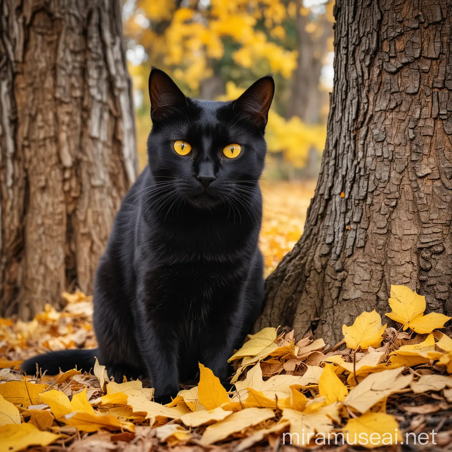 Autumn Scene with Black Cat Sitting Under Tree