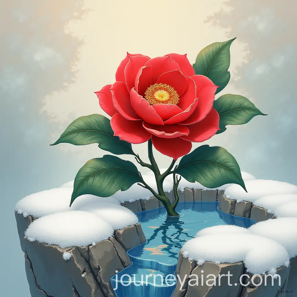 Red-Camellia-Growing-from-Cracked-Bluestone-in-Melting-Snow-Gongbi-Painting-Style