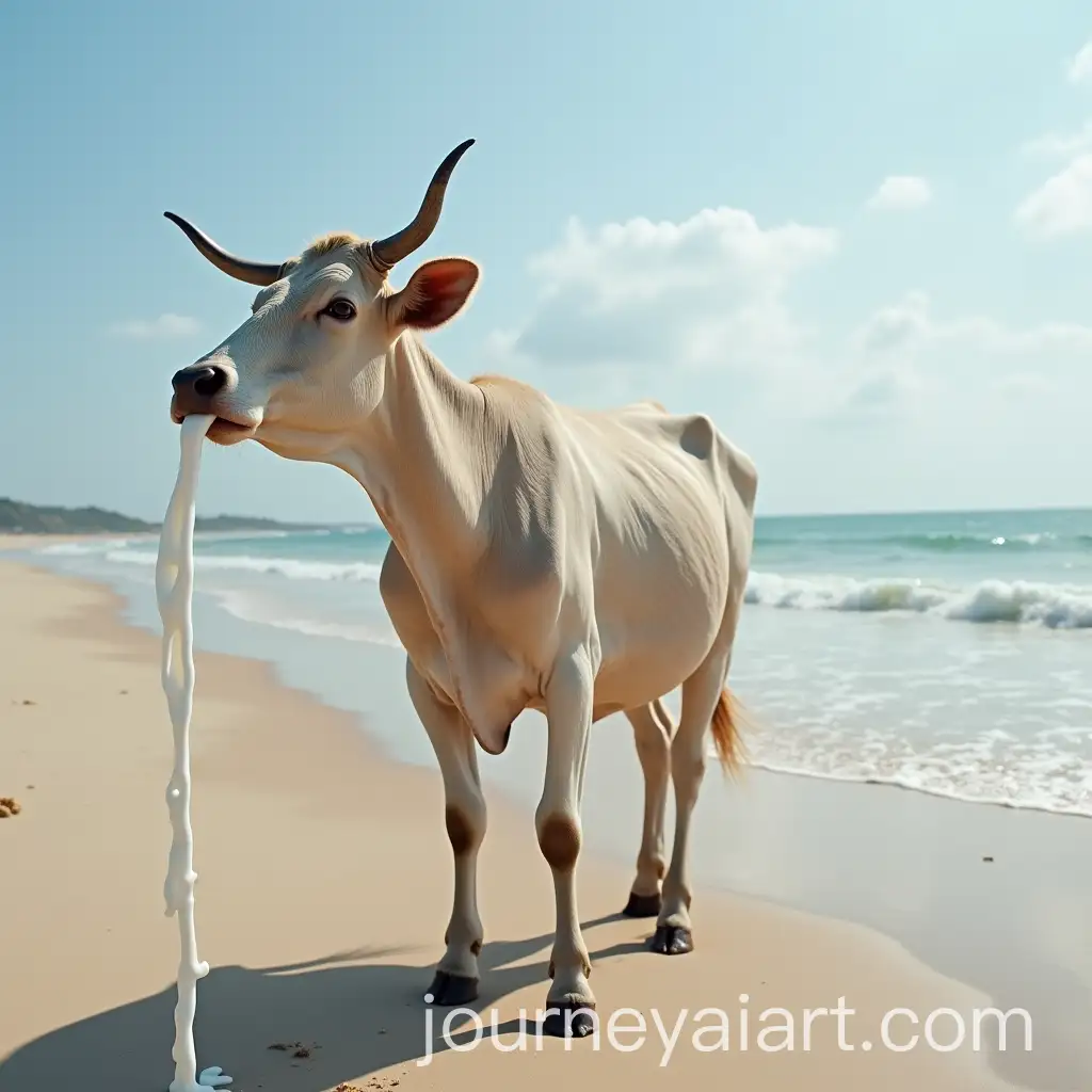 Cow-Drinking-Milk-with-Spilled-Container-on-a-Beach