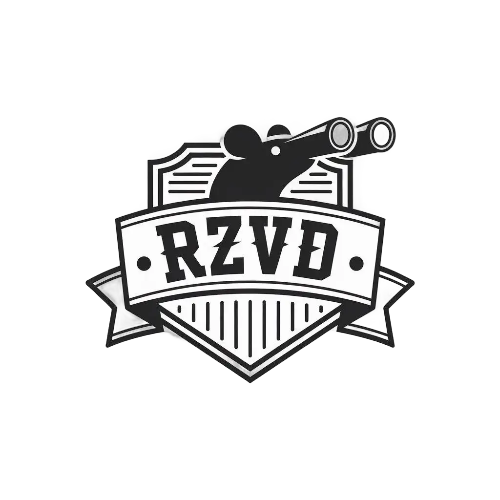 a vector logo design,with the text "RZVD", main symbol:Banner with inscription RZVD so that there was a mouse with binoculars on the right. Without any additional inscriptions,Minimalistic,clear background