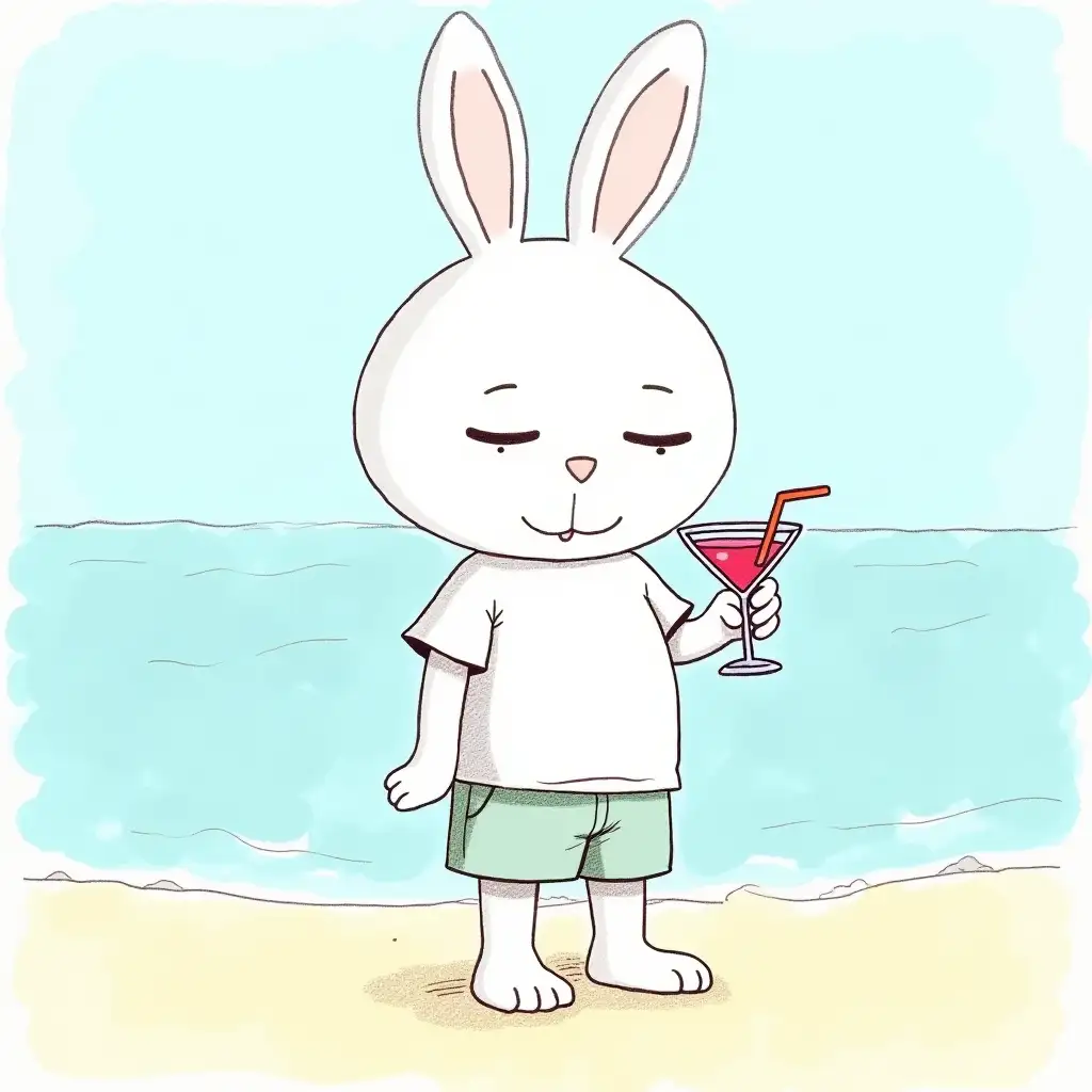 a picture that looks like it was drawn with a colored pencil on a piece of paper. The lines are not too smooth, and the texture of the paper is visible. The picture shows a white humanoid rabbit, a large head, a cartoon view in the style of South Park. He's wearing a T-shirt and shorts, standing on the beach with a cocktail.