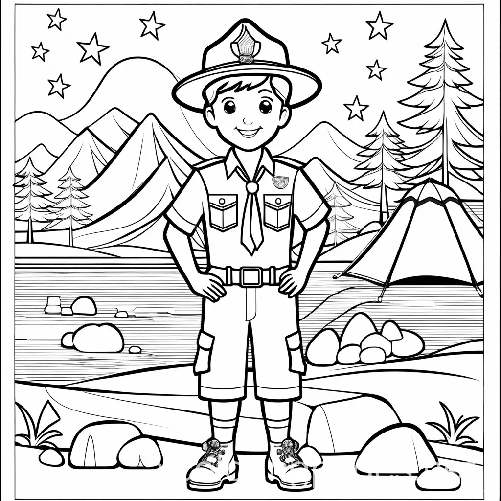 Cub-Scout-Coloring-Page-Proud-Scout-in-Uniform-by-Campfire