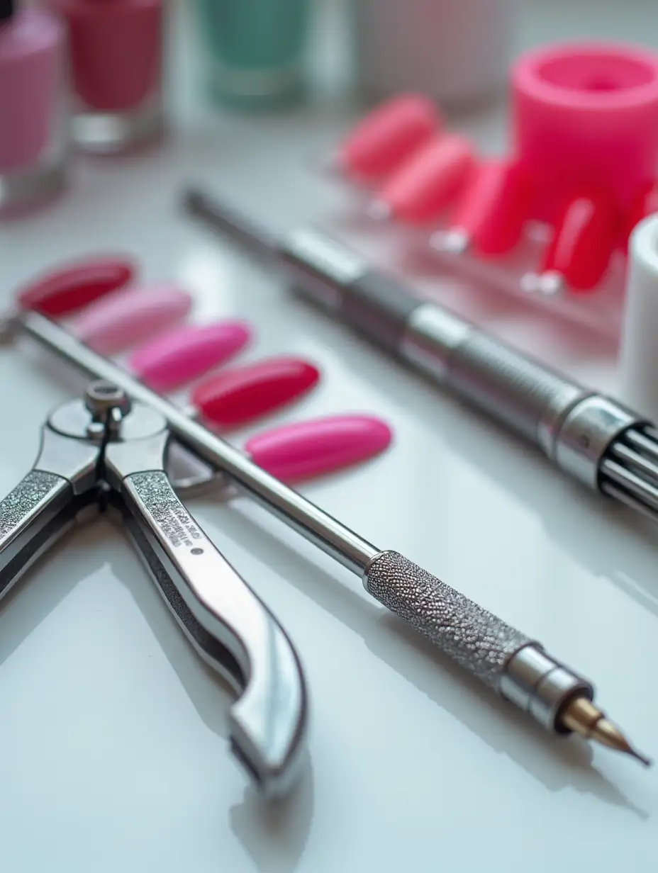 Hyperrealistic photo depicting a professional manicure set. The image features a high-precision nail drill, professional cuticle nipper, and neatly organized array of nail polishes in various bright colors. All items are arranged on a clean, smooth surface with meticulous detail highlighting the texture and shine of the instruments and nail polishes. Lighting emphasizes the sharpness of the drill, the smooth surface of the cuticle nipper, and the glossy finish of the nail polishes, creating a visually striking and detailed composition