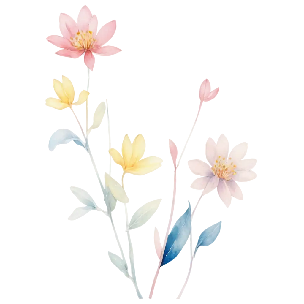 Watercolor-Flowers-PNG-Image-Soft-Pink-and-Yellow-Blooms-with-Blue-Leaves-for-Elegant-Dreamy-Designs