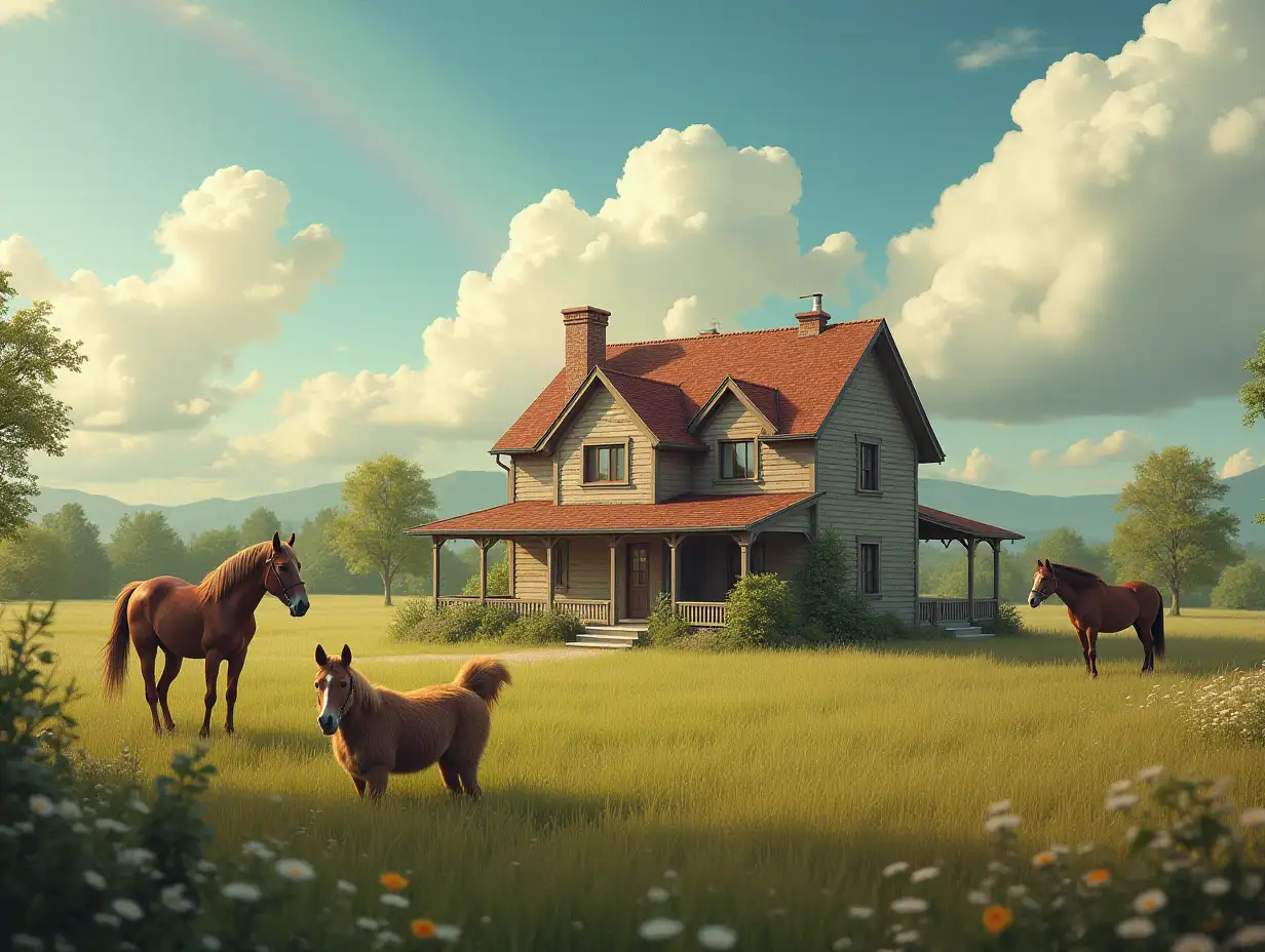 A house with a large garden,horses,clouds,rainbow,dog,cat 70mm photo portrait