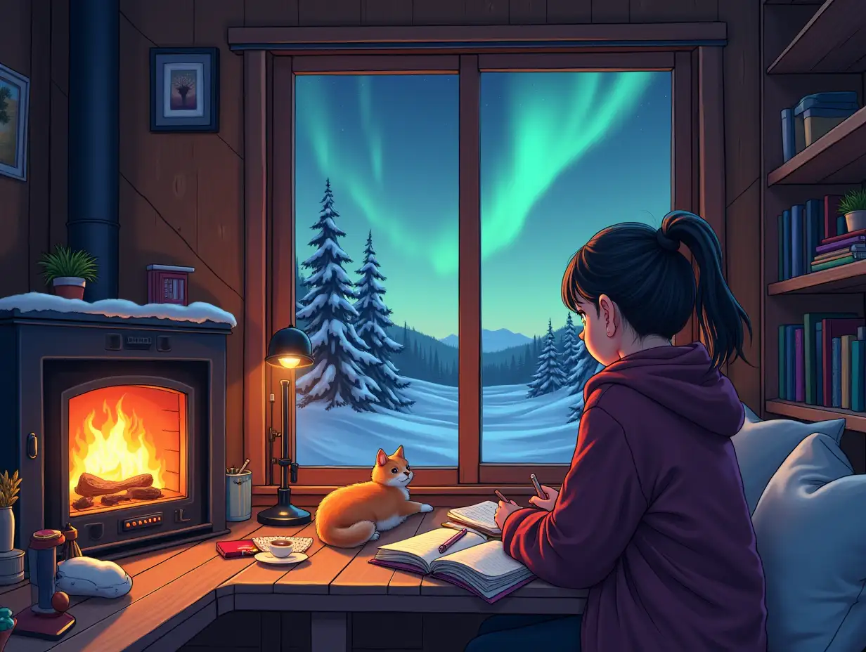 manga image of adolescent girl student in her study place at sunset at home with notebooks and study materials in a cabin with fireplace, a cute imaginary pet that rests by the window looking outside with views of winter landscape and northern lights