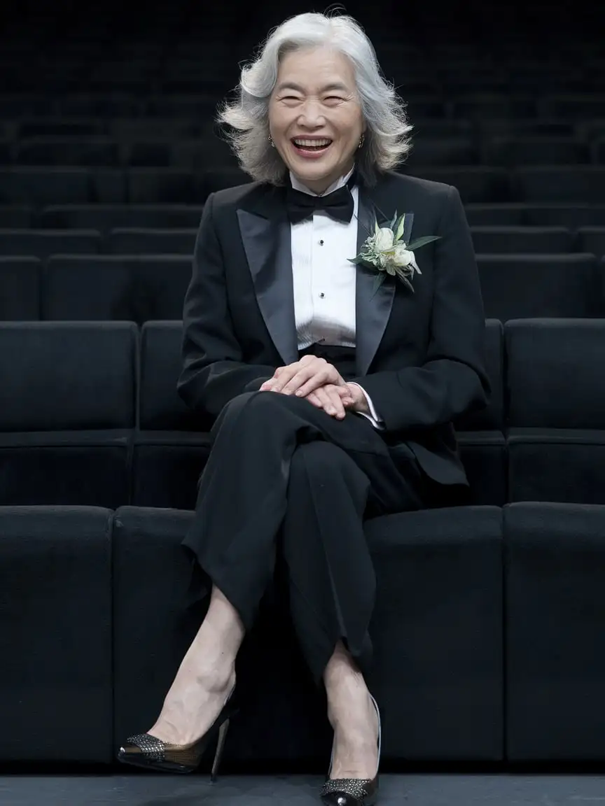 Sexy and laughing and 70 years old Chinese woman with white shoulder length hair wearing a tuxedo with a corsage and black tuxedo pants and a black  bowtie and a black  cummerbund, seated alone in a dark room.  Her tuxedo pants are black.  She is facing forward and looking at the viewer and she is smiling.  Her white shirt has double french cuffs with big black cufflinks. Her hands are folded on her knee.  Her high heels are black and shiny.  She is smiling.