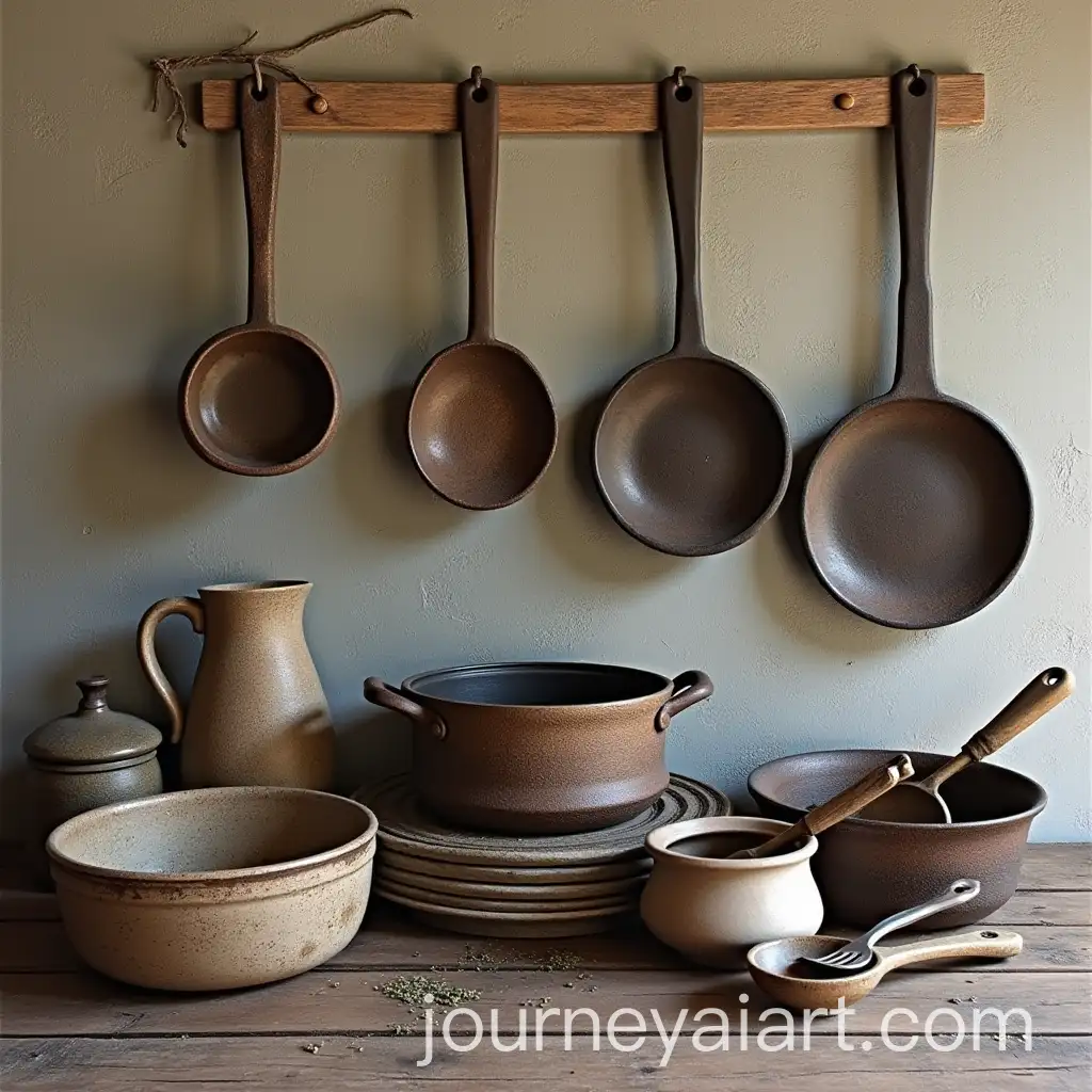 Vintage-Cast-Iron-Utensils-and-Ceramic-Collection-Display