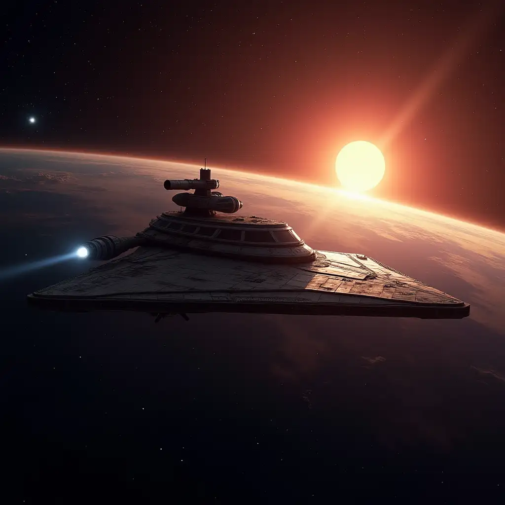 space, galaxy panorama, spaceship-frigate from 'Star Wars' movie, Mars planet and part of Sun behind Mars, professional photography, depth of field, sharpness image, clarity, cinematic, product, photo, poster, photo by Nikon D6 camera