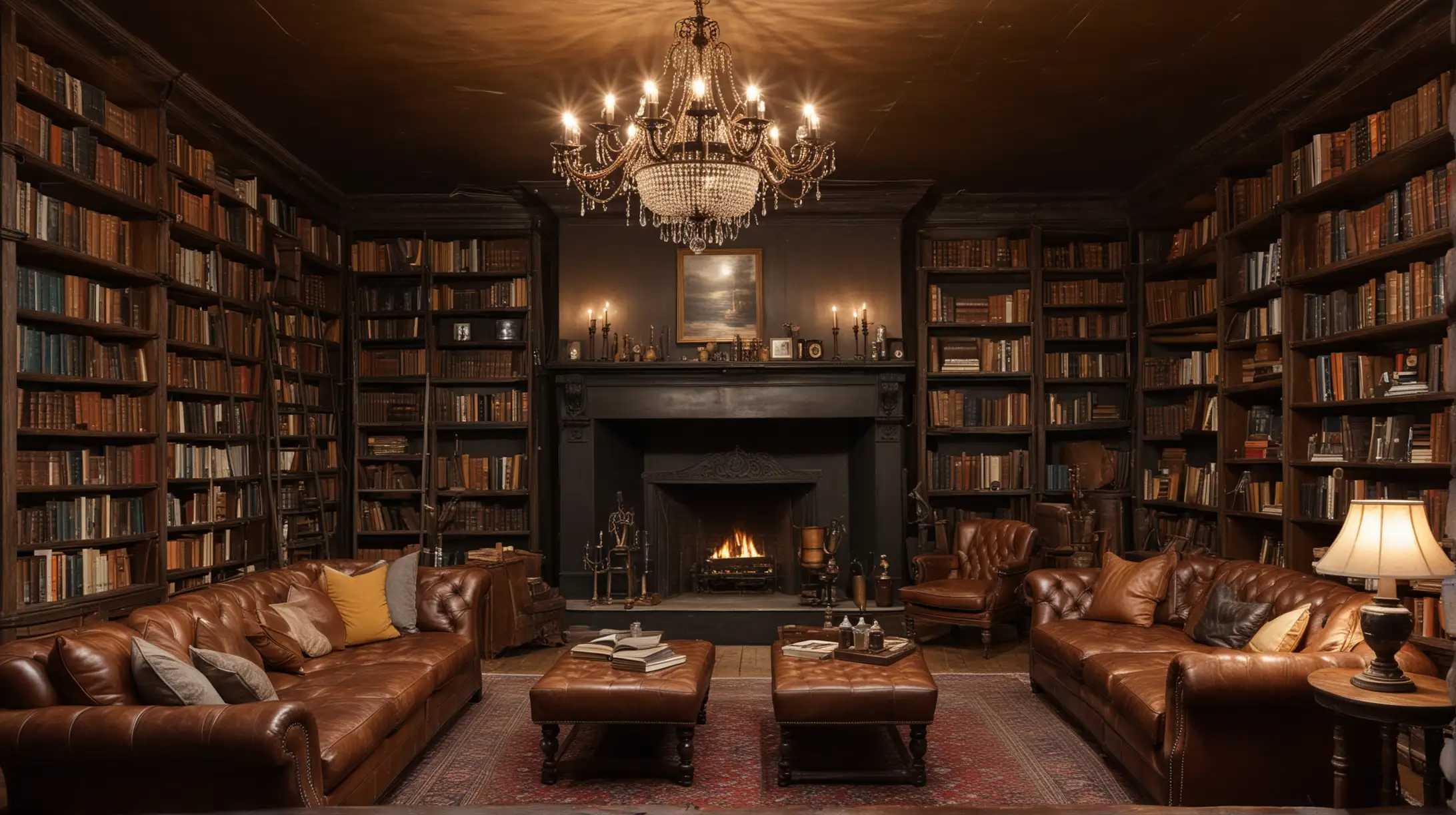 Vintage Library Room with Chandelier Fireplace and Leather Sofas