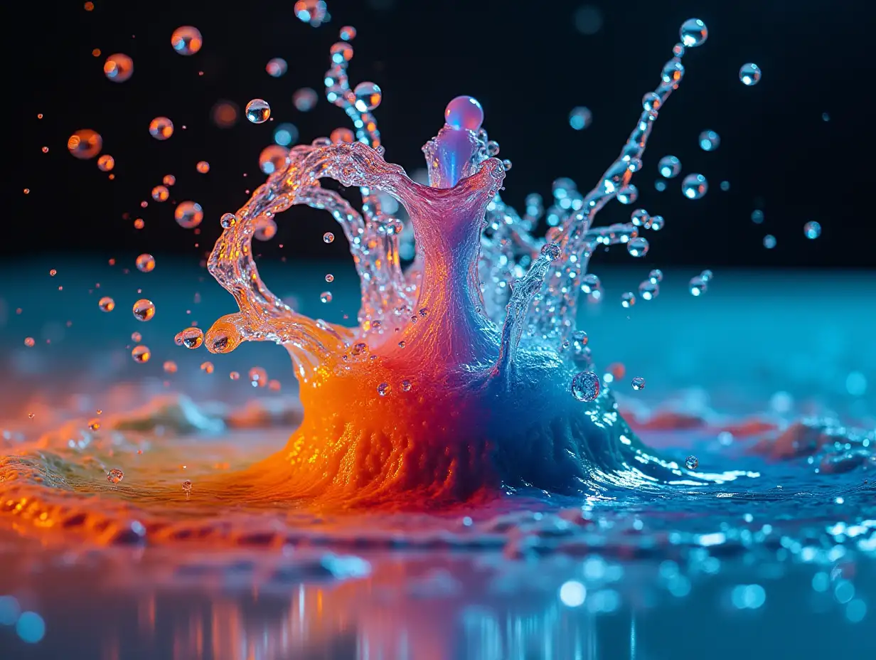 Colorful Water Drops Colliding in Mid Air with High Speed Photography Capturing Intricate Patterns