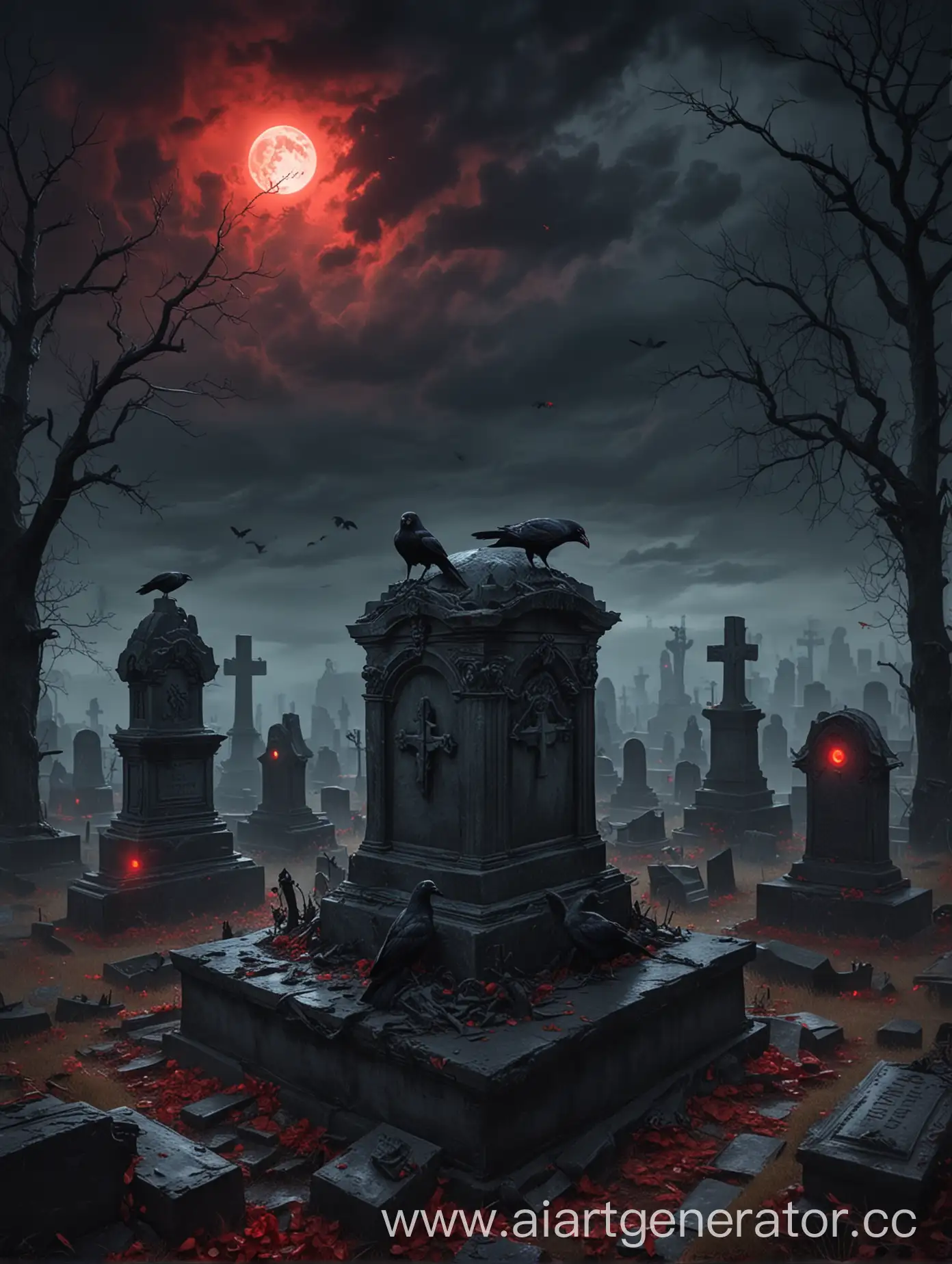 Eerie-Night-Cemetery-with-RedEyed-Ravens