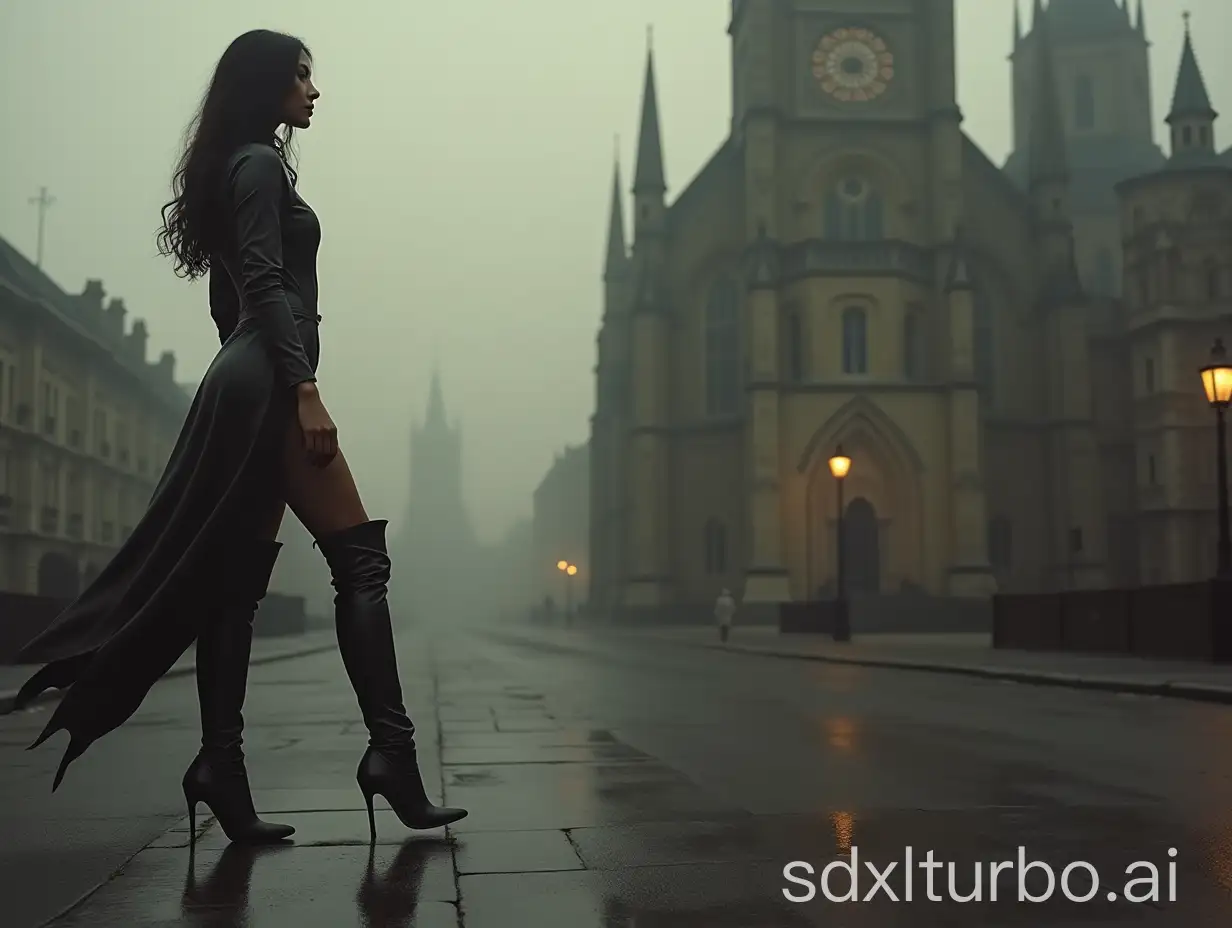 Elegant-DarkSkinned-Beauty-in-ThighHigh-Boots-by-Vintage-Cathedral-at-Dusk