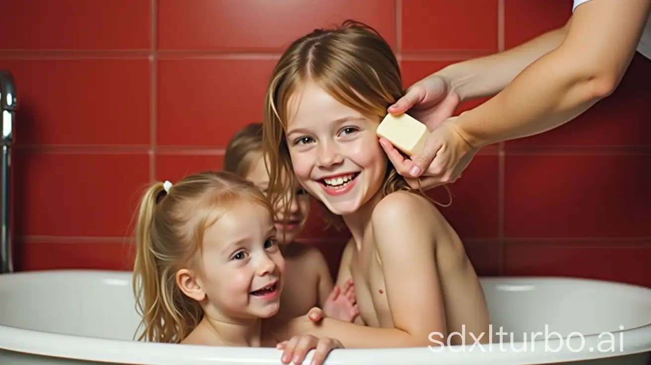 Mother-Washing-Hair-of-Three-Adorable-Blond-Little-Girls-in-Family-Bathtub