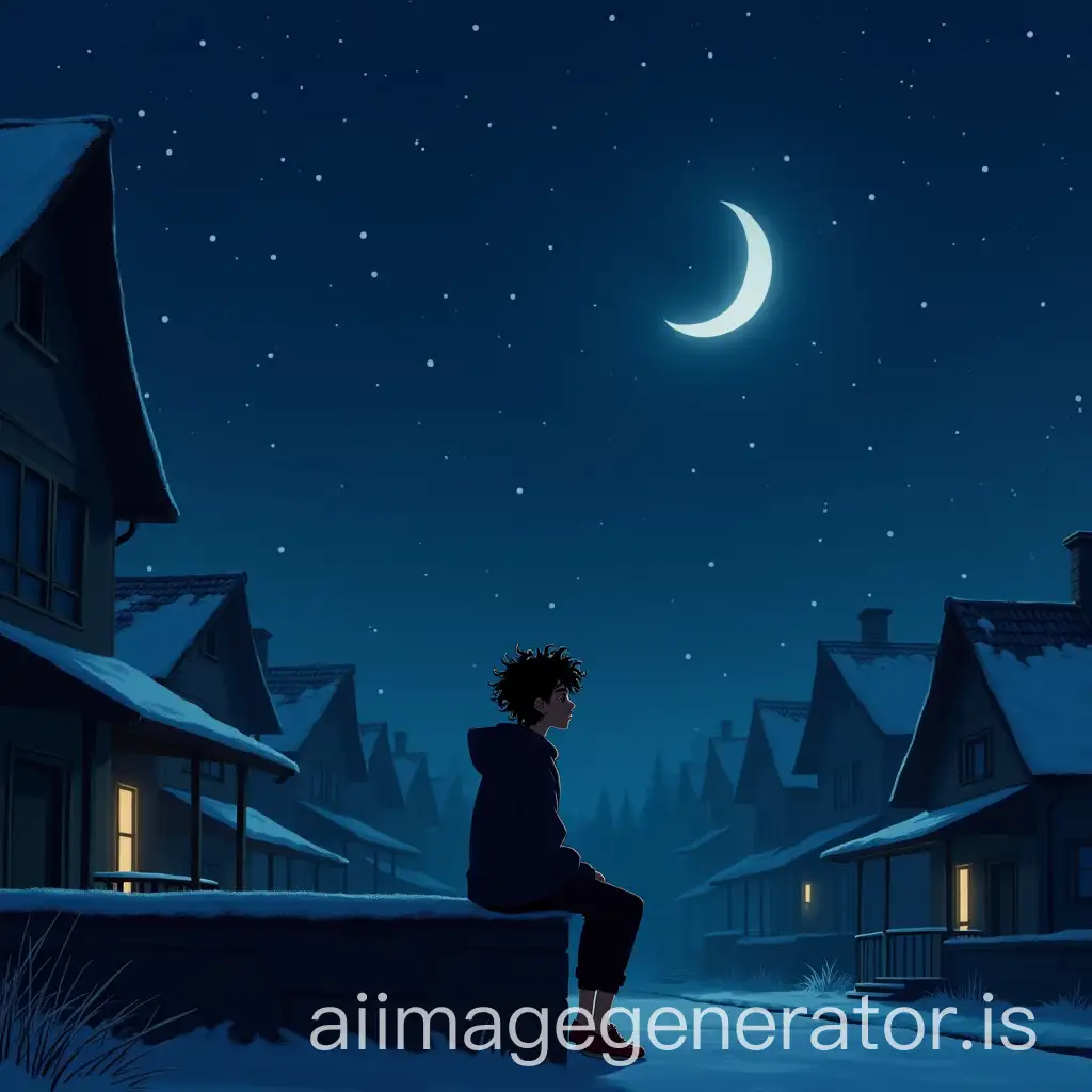 Young-Man-Crying-Under-a-Starry-Snowy-Night-on-a-Street-with-Houses