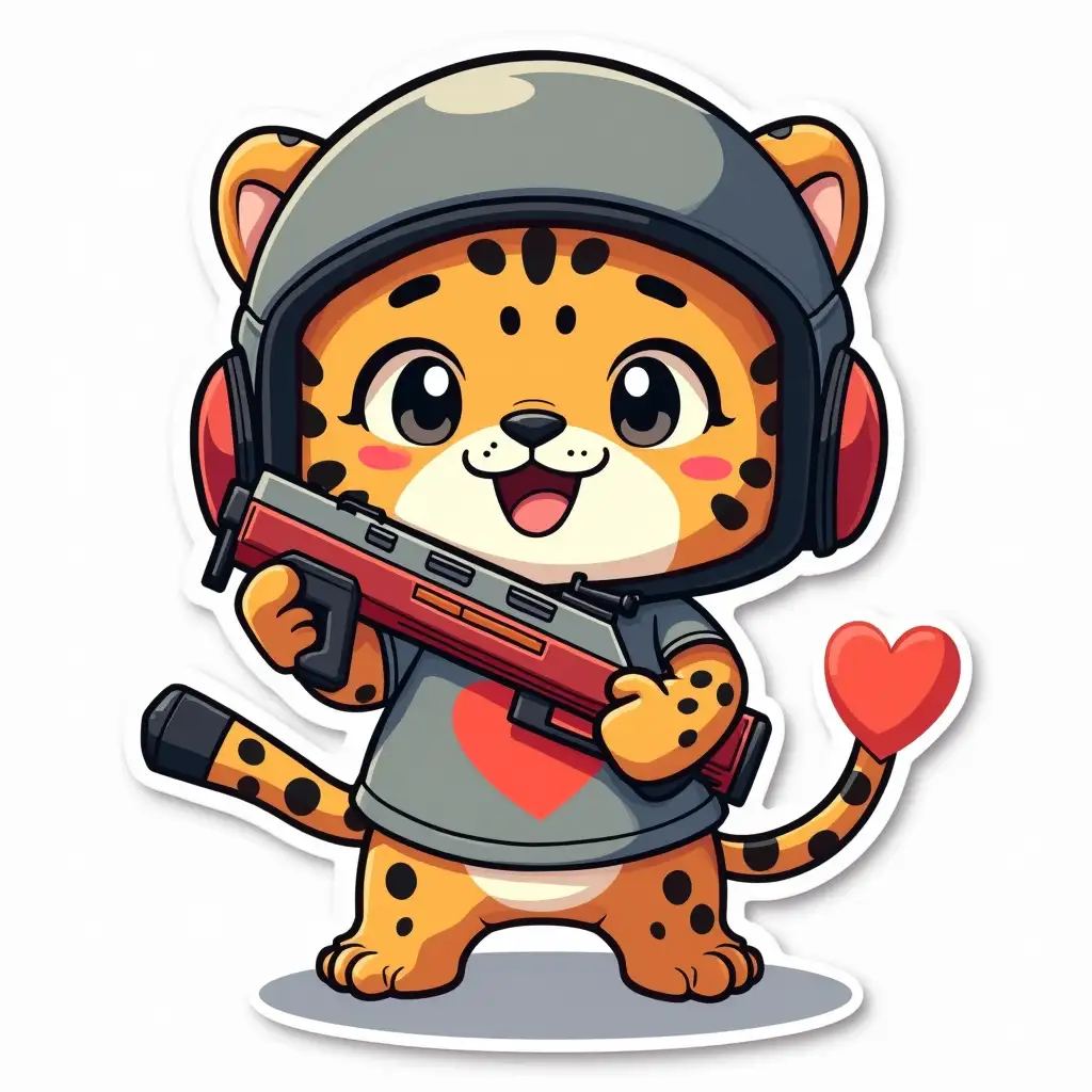 kawaii positive little happy baby jaguars in protective helmet, wearing a toy gun and gloves with an heart symbol on t-shirt, Die cut sticker design top-view, high resolution, vector art, white background, paint in anime style