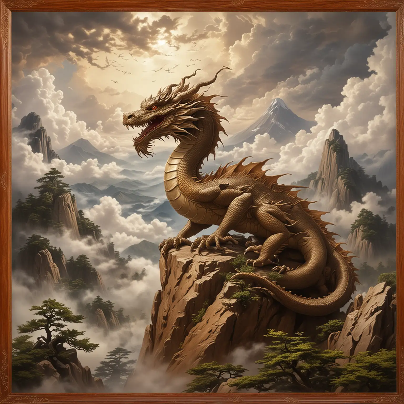 Japanese tea dragon, in the clouds at the top of the mountain in brown frame surround