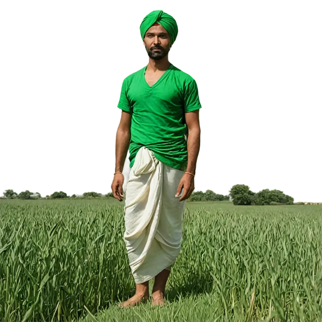 green wheat farm and Indian dhoti and turban-weared farmer within the farm