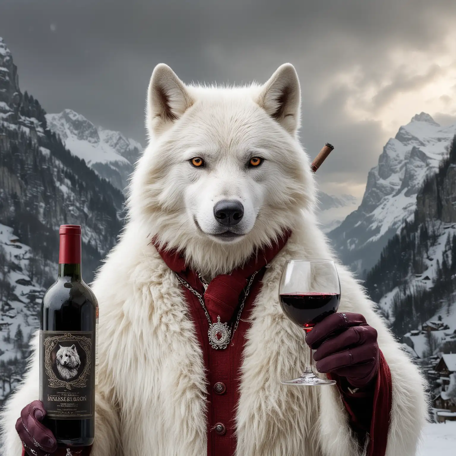 A hyper-detailled fantasy-stile portrait of a (bad tempered, evil looking) white wolf holding 1 glass of red wine, smoking a big cigar), standing next to a redwine-bottle labeled "Club 30", [a long++ and winding foot-path along Lauterbrunnen valley, bernese oberland, switzerland, in the open, snow covered country in very misty weather with (heavey snowfall)+++, few small trees,  no buildings, poor view of the distance]