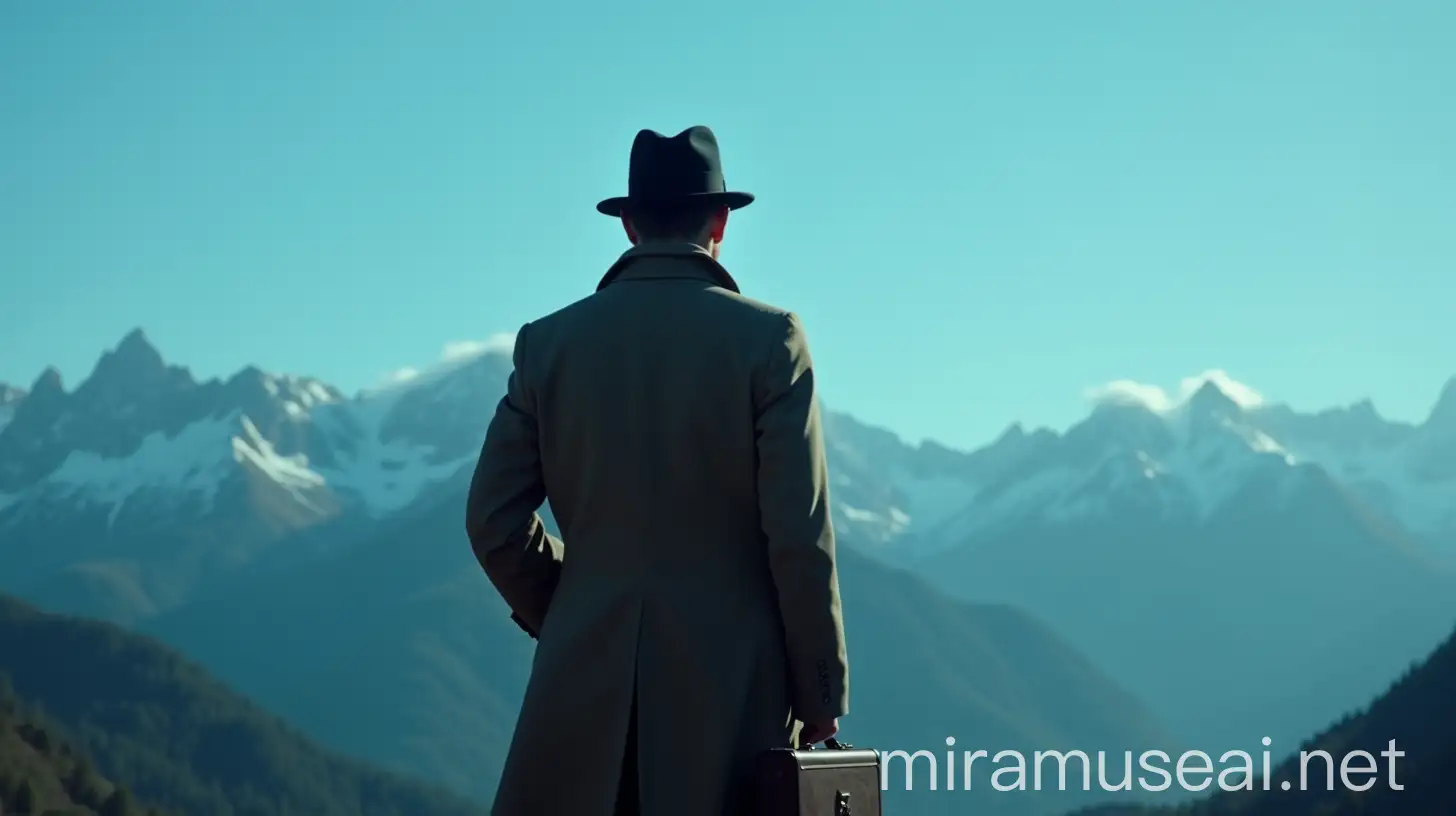 Mysterious Spy Contemplating Mountains with Vintage Camera