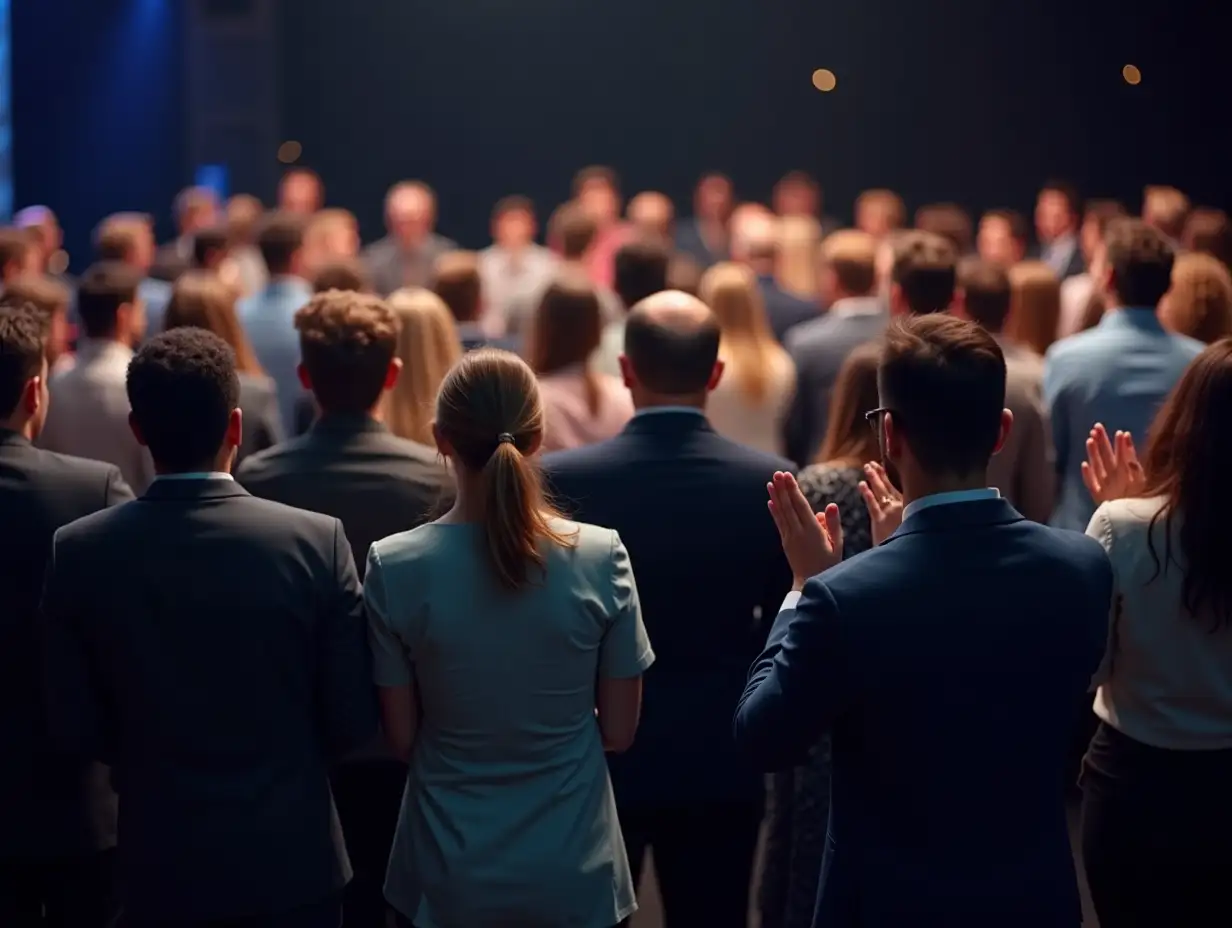 Group of startup company employee gather in line at corporate event to applaud achievement and celebrate company's success or business presentation meeting with audience in panorama banner.