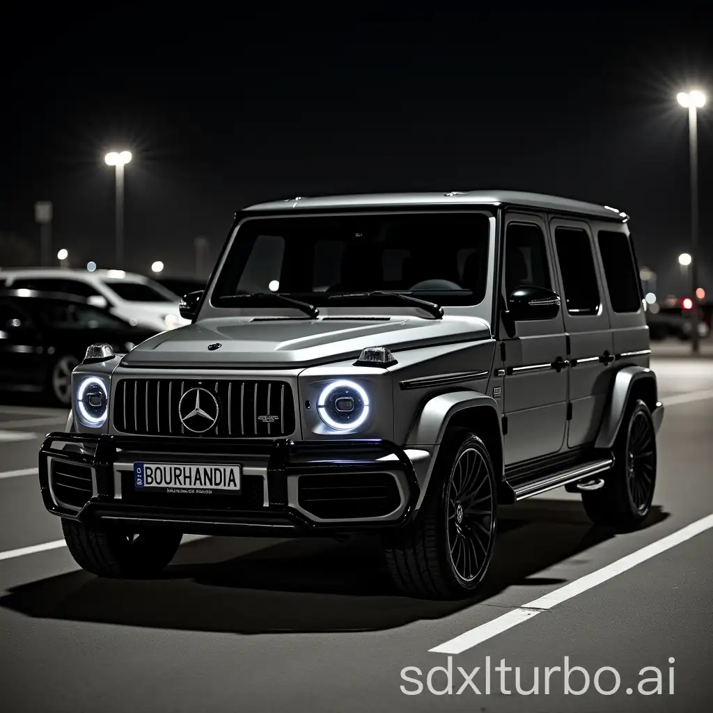 A G63 AMG grey nardo in a parking lot at night, the car plate should be registered as 'BOURHANDIA', the country of registration is Belgium