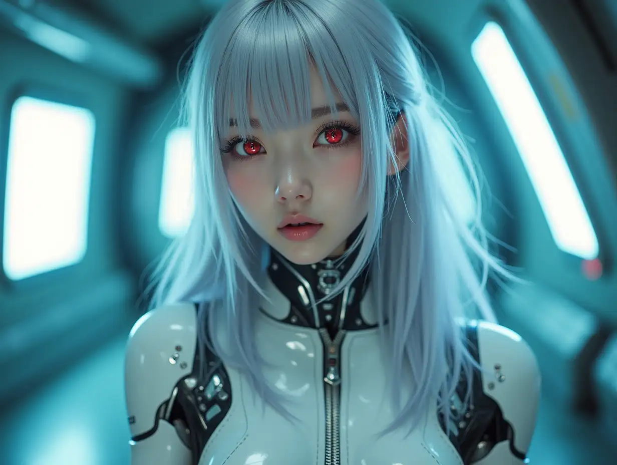 (highest quality, 32k, High resolution, masterpiece:1.5, ), glow issue cut, Cyberpunk world view, science fiction capture, Inside the spaceship, (girl with mechanical arms and legs), beautiful japanese woman, 15 years old, cyborg, (Glowing silver hair, beautiful long hair), asymmetrical bangs, magical beautiful eyes, red eyes, A fleeting expression, smooth and soft skin, Clear double eyelids, natural makeup, pale pink lips, (White mechanical suit), glamorous look, Detailed and perfect clavicle, High resolution beautiful décolleté, High resolution beautiful thighs, professional lighting, professional photographer, professional model