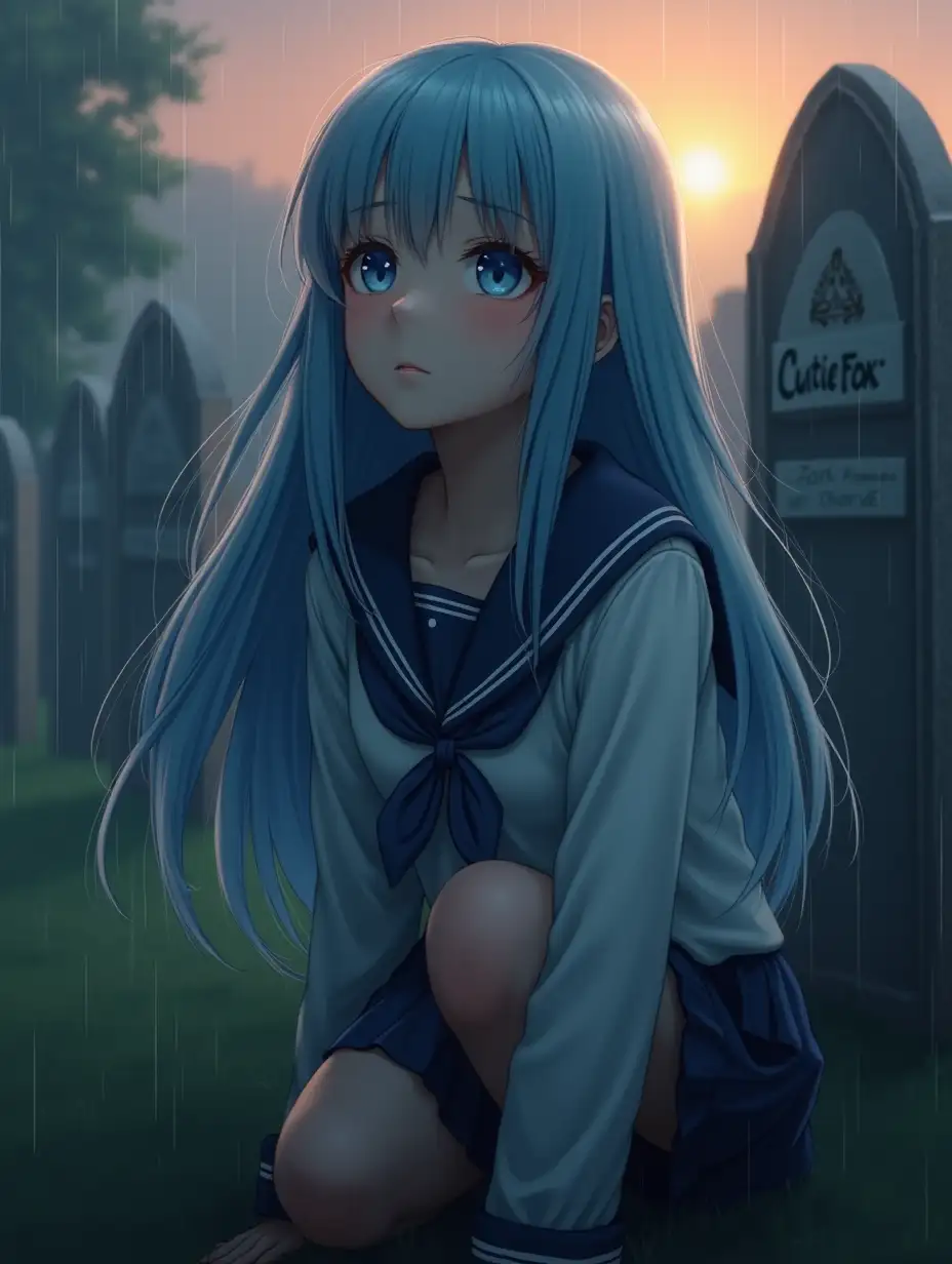 Beautiful realistic realistic girl, beautiful realistic light blue long hair, beautiful realistic makeup, beautiful realistic light blue eyes, beautiful realistic standing in front of tombstone, it's raining, beautiful realistic girl squatting in front of tombstone, beautiful realistic white school uniform, beautiful realistic black pleated skirt, beautiful realistic blue sailor collar, beautiful realistic looking up at the sky with a calm but determined expression, beautiful realistic soft sunset light in the background, beautiful realistic wind blowing quietly in the grass. The tombstone has the text “CutieFox” written on it. Highly detailed textures, ultra detailed, (hd detailed eyes, ultra high detail), (eyes:1.4) 4K HDR, 64K megapixels, 8k high resolution, warm tonal color palette, wide dynamic range, (highly realistic:1.5). Dark atmosphere, dark atmosphere, darkening, dark atmosphere, darkening, darkening, darkness, darkening around the girl, darkness, close-up