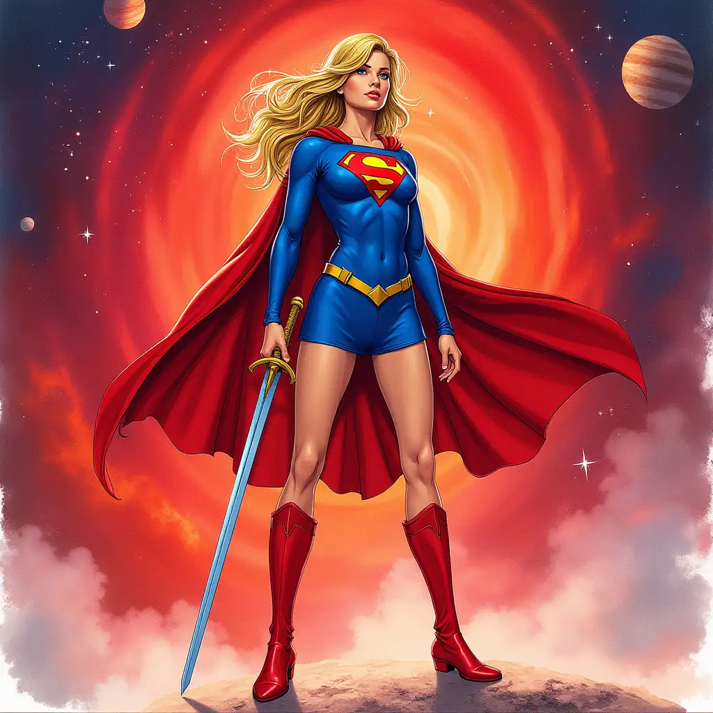 The image features a vibrant illustration of a female superhero dc comics supergirl character standing against a backdrop of a red, swirling galaxy with stars and planets. She is dressed in a blue costume with a red cape and boots, and her right hand grips a sword upright. Her blonde hair flows behind her, and she gazes off to the side with a serious expression. In the foreground,  The overall style of the image suggests it could be from a comic book or graphic novel, characterized by its bold colors and dynamic composition. In watercolour style