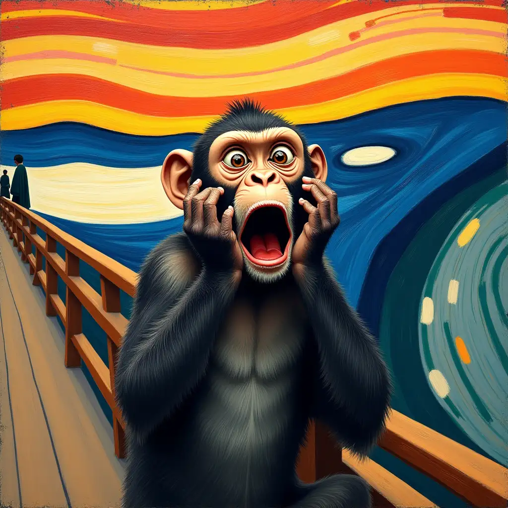 A stylized image, reminiscent of the famous painting 'The Scream' by Edvard Munch, features a monkey in the foreground. The monkey is depicted in a state of apparent shock or terror, its mouth agape, and its hands raised to its face in a gesture of surprise or fear. Its large, expressive eyes are wide with a look of astonishment. The background is a vibrant, swirling representation of the colors and brushstrokes from Munch's painting. Deep blues, oranges, yellows, and whites are used in a dramatic and dynamic manner, creating a sense of intense emotion or movement.  The style and colors directly mirror the expressionism of the original artwork. Wooden railings or a wooden structure, reminiscent of a bridge or pier, extends across the scene, acting as a visual division between the foreground monkey and the background landscape. Small figures resemble people and are also painted into the background.