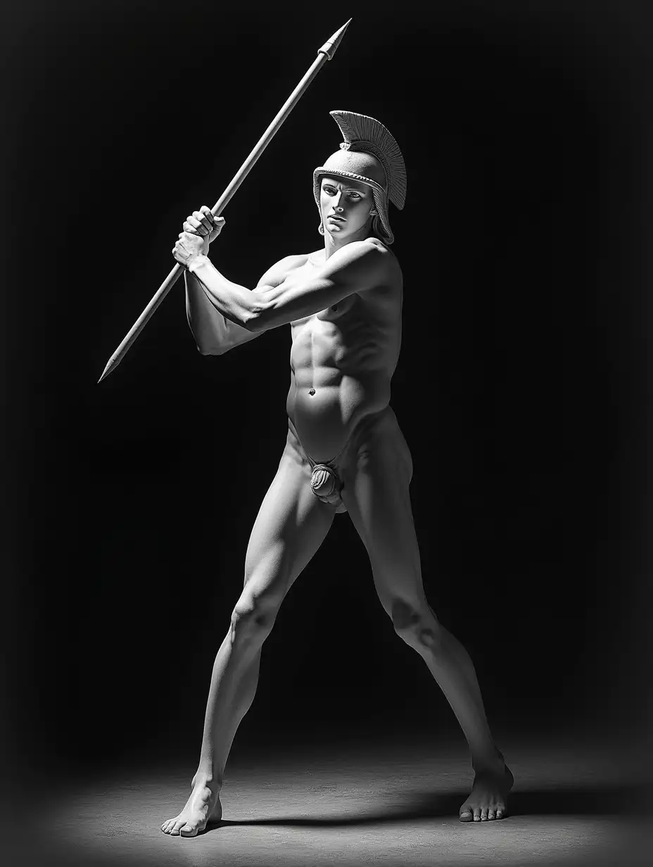 Pencil study nude drawing, a nude marble statue of a young Viking standing completely nude, holding a spear, thin body, action fighting pose, feet wide apart, wearing a gladiator helmet, standing in darkness, black background, the overall cold color tone highlights the mysterious and mystic atmosphere, heavy shadows lit from below