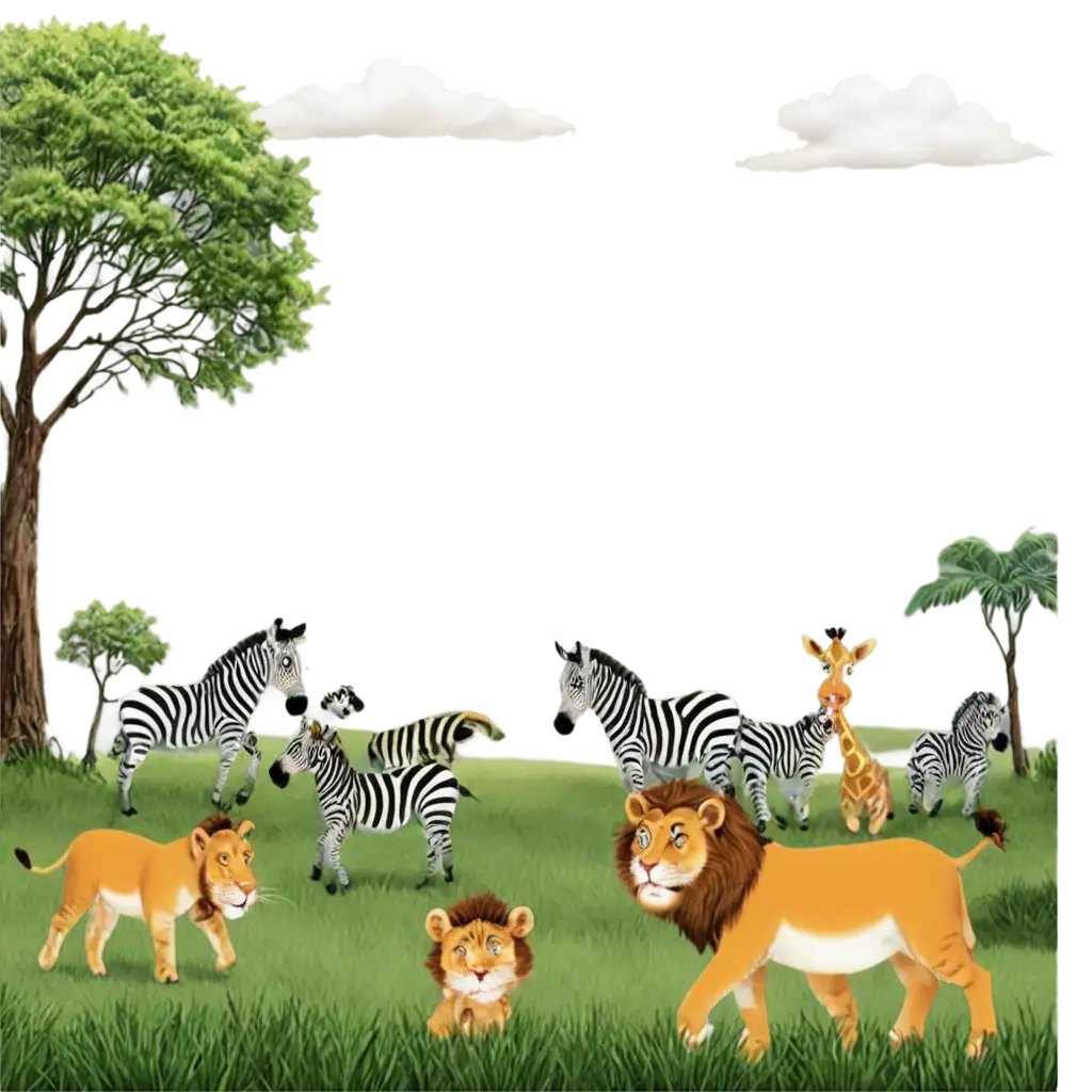 Safari-Themed-PNG-Image-for-Babys-Room-Decoration-Lion-Zebra-and-Other-Animals-with-Grass-and-Cloudy-Sky