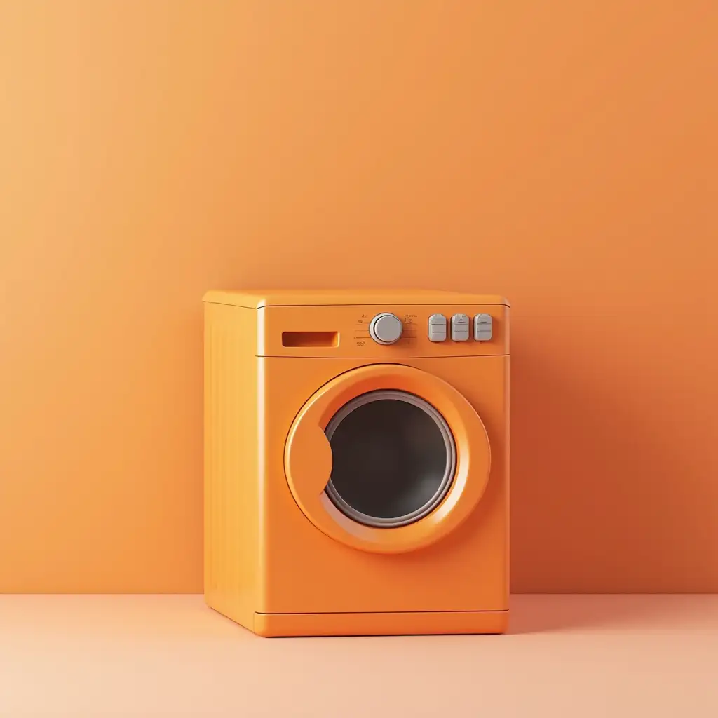 matovyj material color orange washing machine without details levitiruet v vozdukhe, 3D, neutralnyj fond