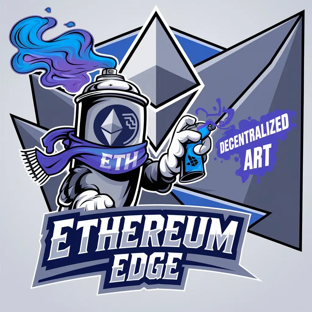 LOGO Design for Ethereum Edge Silver Spray Paint Can with Ethereum Symbol Blue and Purple Smoke Geometric Triangle Background