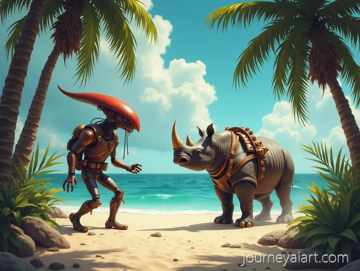 Steampunk-Rhinoceros-and-Alien-Battle-on-Tropical-Palm-Beach