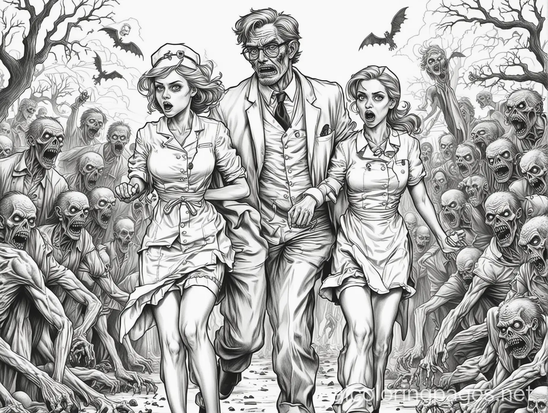 Eerie-Halloween-Scene-Zombie-Male-Professor-and-Nurse-Chased-by-Undead