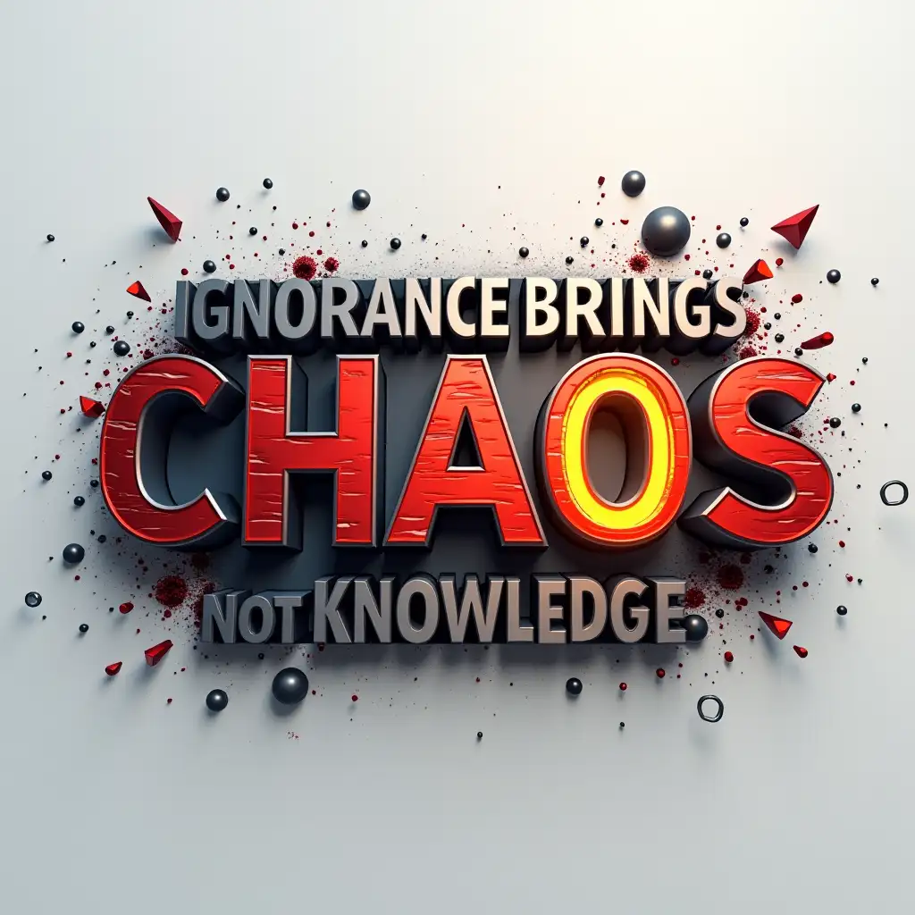 A professionally designed 3D logo featuring the text 'Ignorance brings Chaos, not Knowledge' rendered in a modern, bold sans-serif font. The word 'Chaos' appears distorted and fragmented with glitch effects in dark red tones, while 'Knowledge' glows with a stable, golden light. The composition includes subtle floating particles and abstract geometric shapes in the background, creating depth and dimension. The overall design follows a minimalist color scheme with metallic finishes, sharp shadows, and ambient occlusion for realism. The logo should be rendered in Cinema 4D style with high-quality materials and lighting.