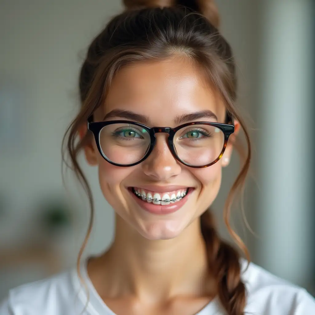 Smiling-Young-Woman-with-Ponytail-Metal-Braces-and-Myopic-Glasses