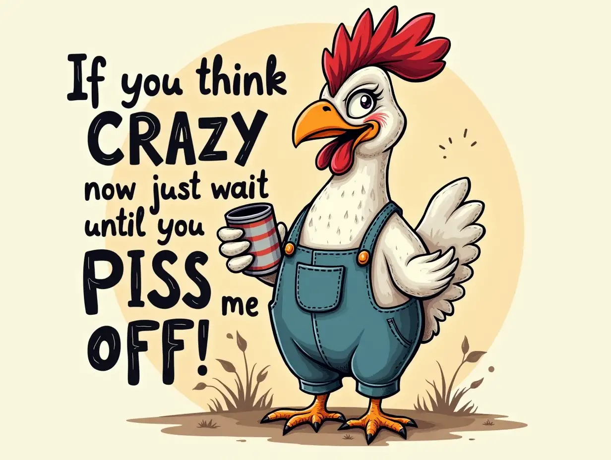 Vector. Create a detailed image of a caricature chicken with a mischievous expression, wearing overalls and a tumbler, set boho farmhouse background. The text 'If you think I'm crazy now, just wait until you Piss me off!' should be prominently displayed in bold, black letters. Feminine