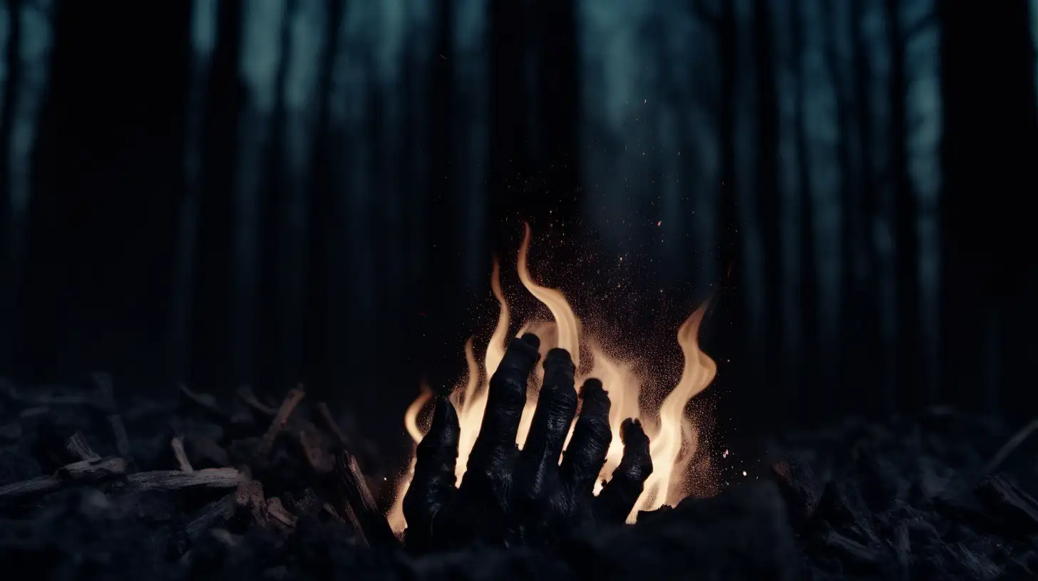 Hand Covered in Dark Ash Rising from Small Fire at Night