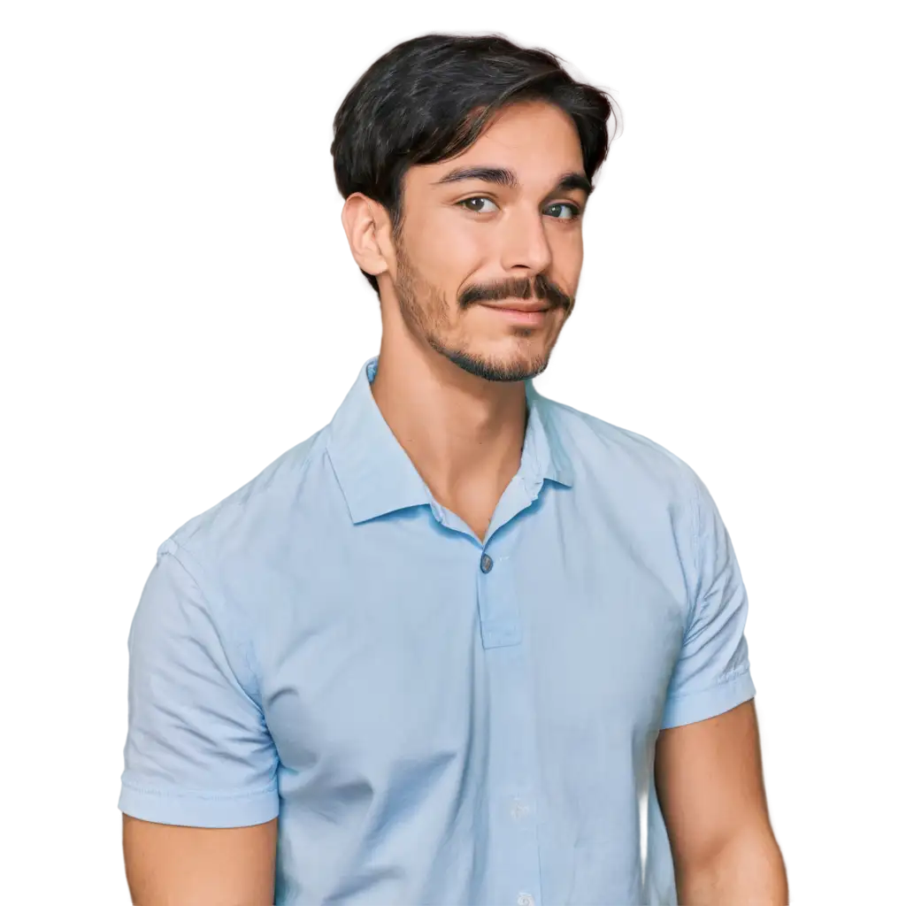 HighQuality-PNG-Image-of-a-Young-Man-in-Casual-Blue-Shirt-with-Black-Hair-and-WellGroomed-Mustache