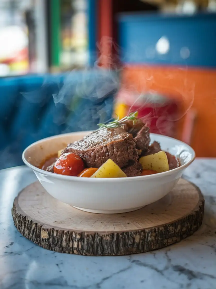 Steaming-Beef-Brisket-Stew-with-Tomatoes-and-Potatoes-on-Marble-Restaurant-Island