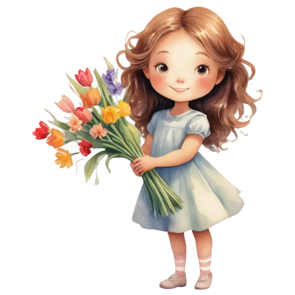 Adorable-Small-Girl-with-a-Bouquet-of-Flowers-PNG-WhPNG-Image-Usage-Scenariosimsical-Cartoon-Style-Image