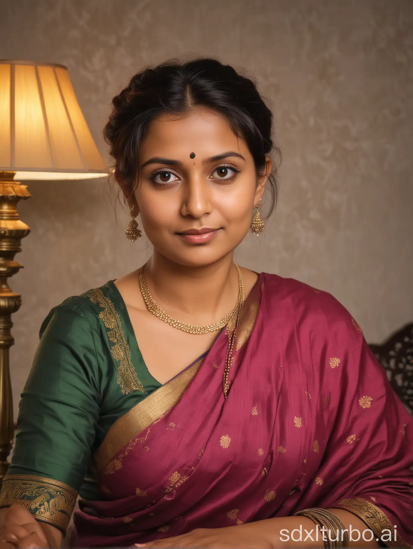 An indian woman, seated near a table lamp, closeup, smooth hair bun, plumpy, 45yo, bold, saree, traditional, fair, thick, chubby, forehead, long face, cunning look, seductive look, low saree blouse, casual photo