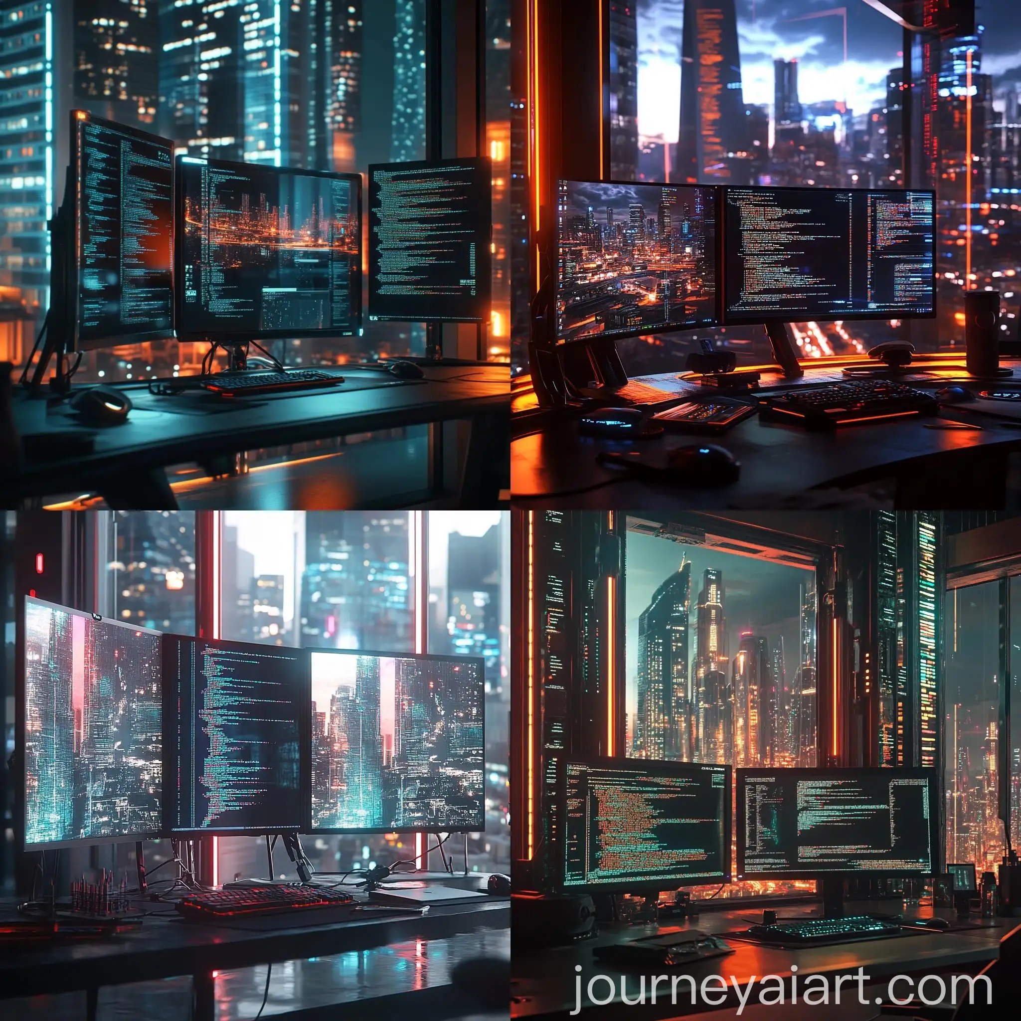 Cyberpunk-Future-City-Reflection-in-Three-Computer-Monitors