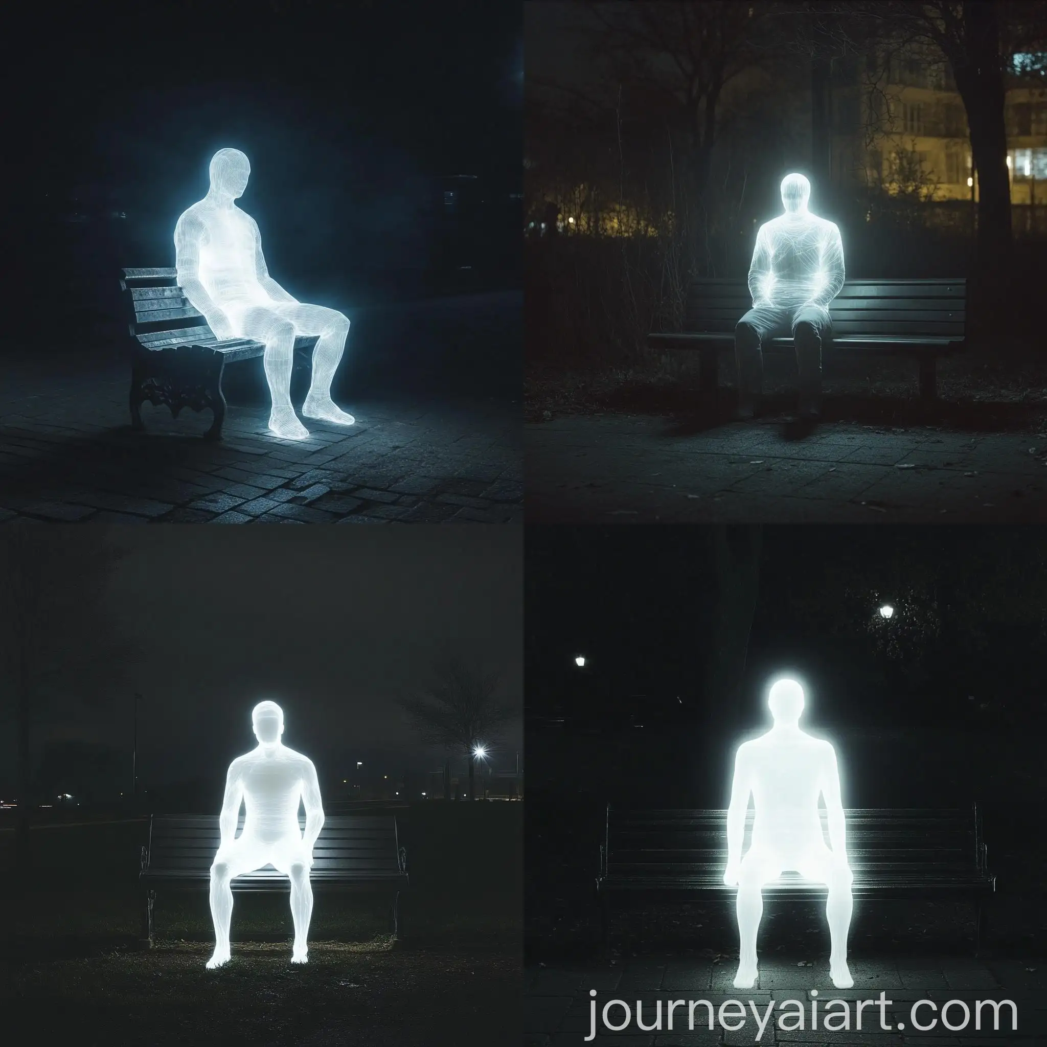Glowing-Figure-Sitting-on-Bench-at-Night