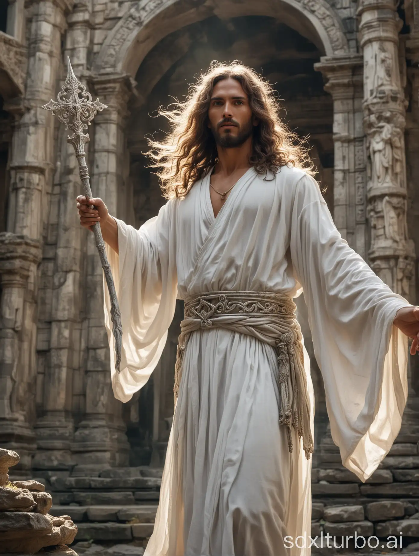 Beautiful face of Jesus with big hair in white dress, fantasy-mystical style, serene, ancient Buddhist temple background. he stands in a striking pose on an ancient ruin, wearing flowing robes, holding a scepter adorned with an intricate trident. His presence exudes power and an aura of mystery, perfectly capturing the essence of an epic fantasy scene.back view