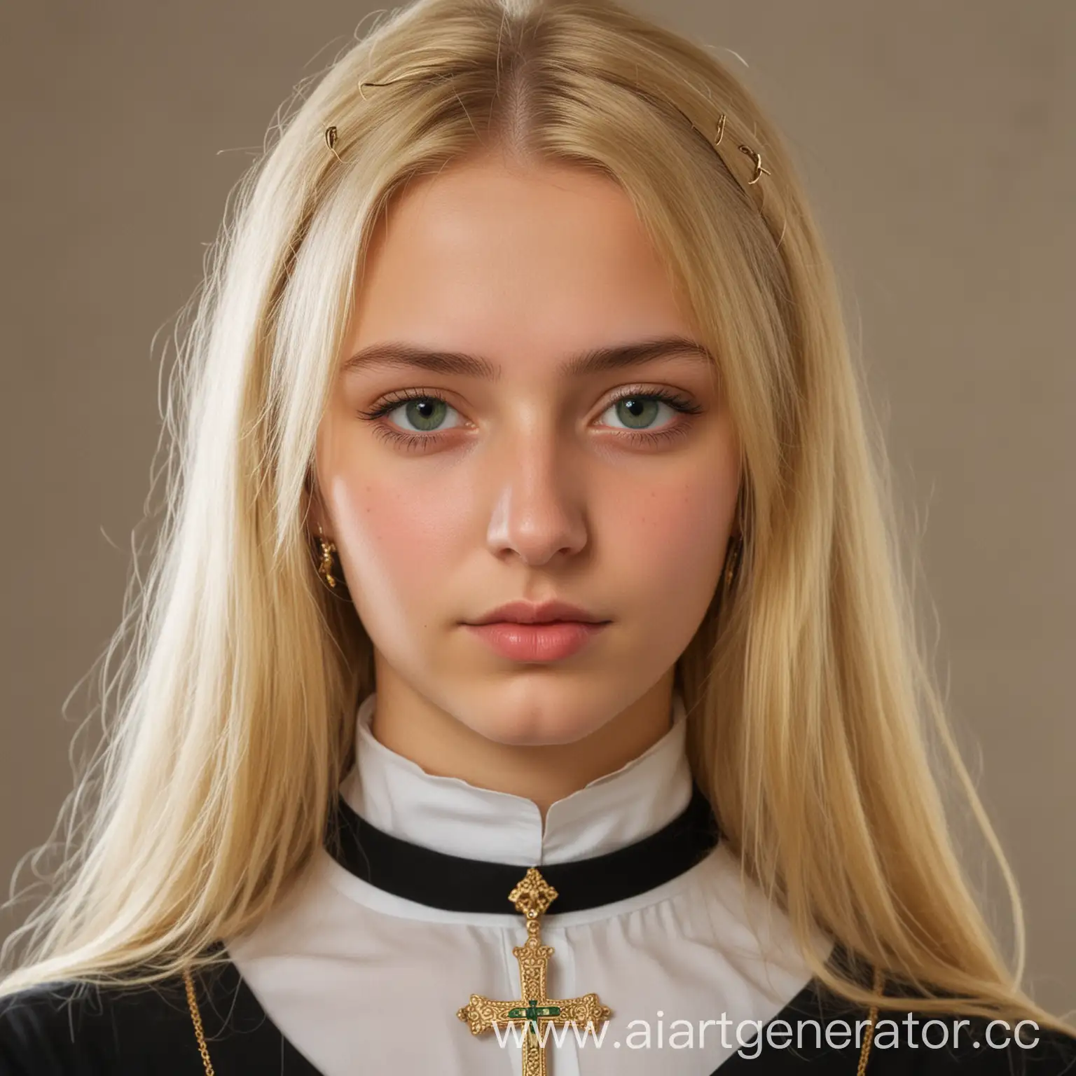 A modest Orthodox girl, 20 years old, with an Orthodox gold cross on her neck and a neckline , green eyes and blonde hair