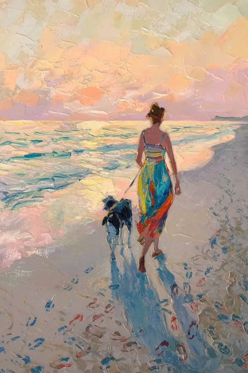 Woman-in-Colorful-Summer-Dress-Walking-Dog-on-Beach-at-Sunrise